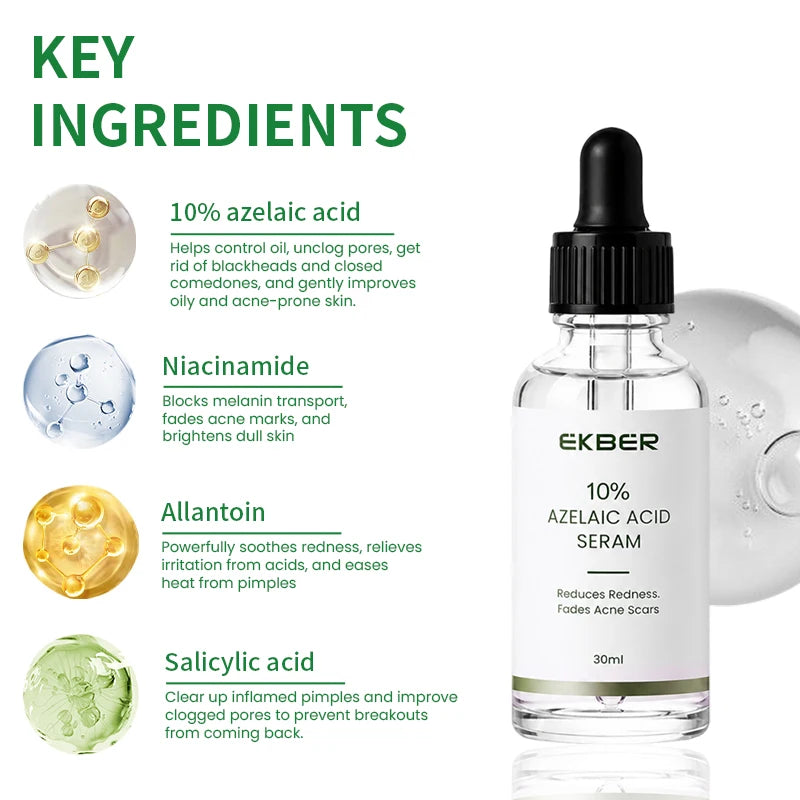 EKBER Medical Grade 10% Pure Azelaic Acid Serum Micronized Formula Non-Irritating Acne Pore Calming Serum Customizable