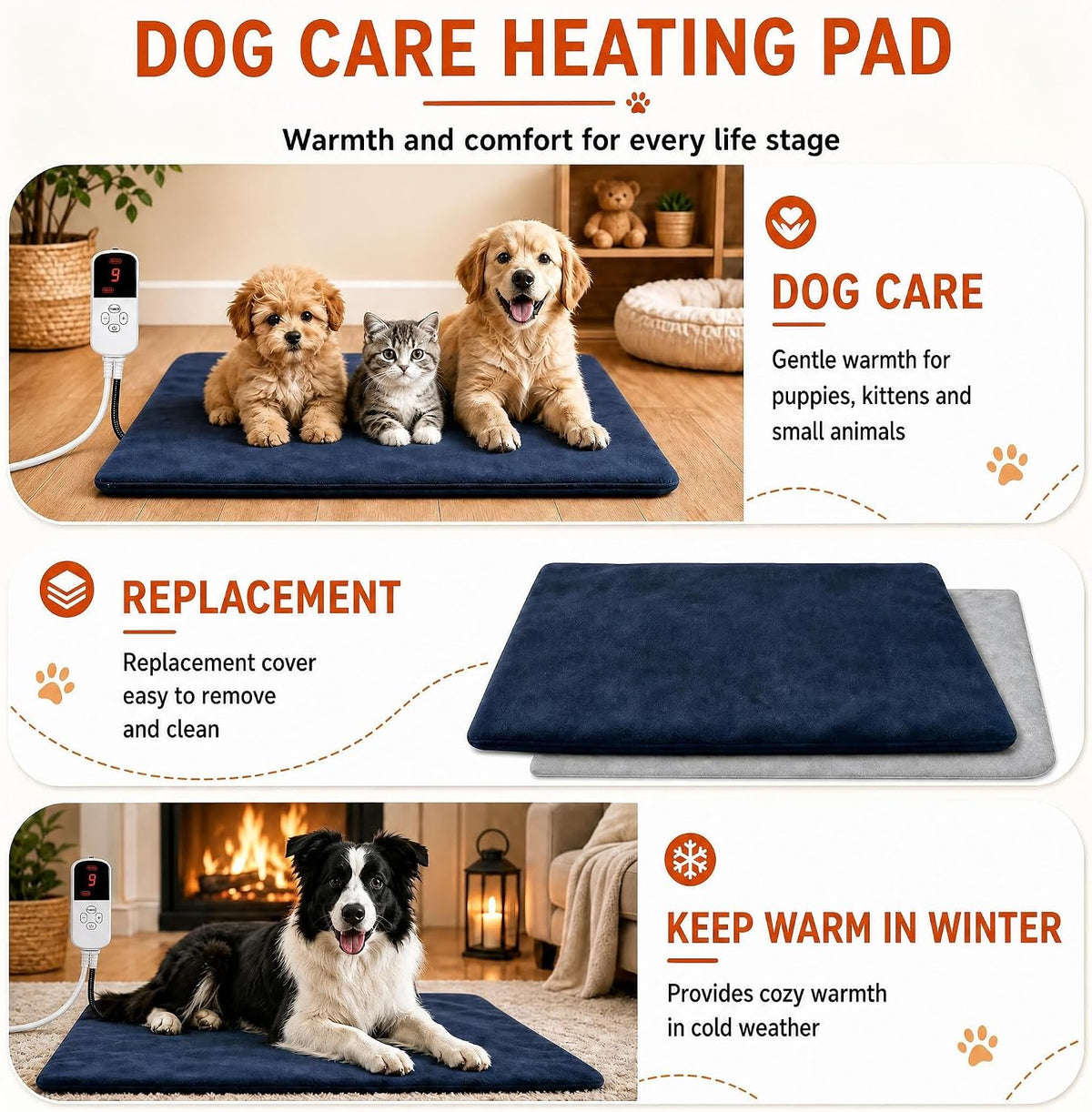 Dog & Cat Heated Bed, 9 Temp Setting & 4 Timer Dog Heating Pad for Outdoor